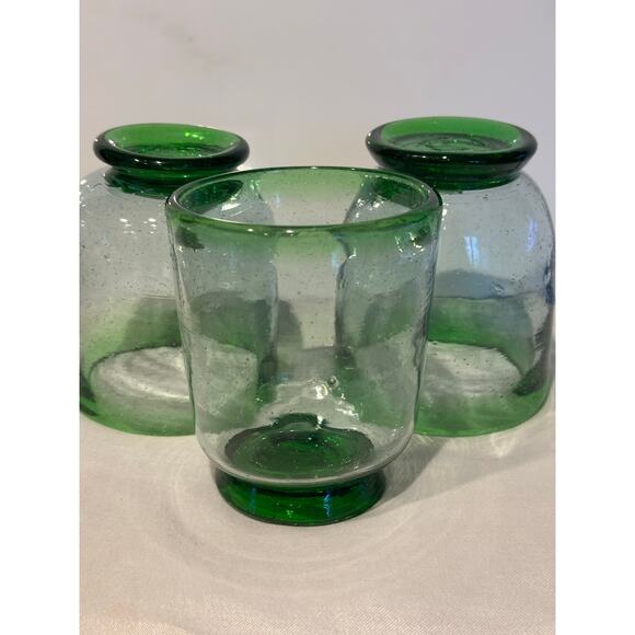 Hand Blown Mexican Glass Green Rim & Base Irregular Drinking Glasses set of 3 - Picture 4 of 9